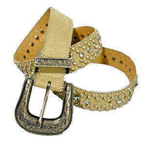 Guess S Faux Suede Belt Beige Silver Western Buckle Studs Rhinestones Cowgirl